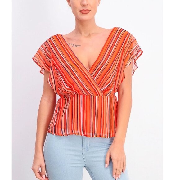 Guess Marrah Striped Flutter-Sleeve Top - Picture 1 of 7